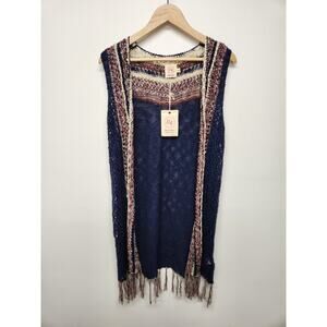 Grace & Emma Women's Open Front Duster/Cardigan Vest, Sz S/M In Navy Multi Color